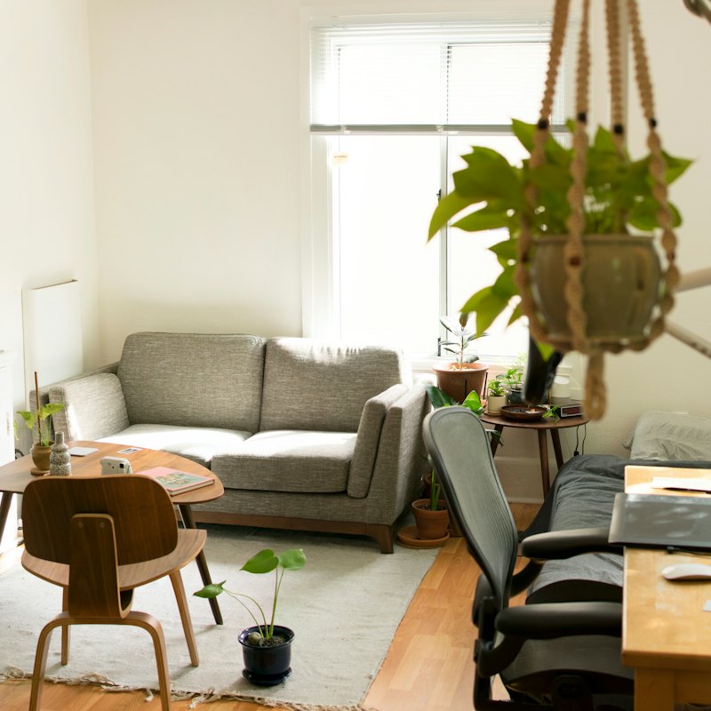 Sala clara com sofá, plantas e mesa de madeira